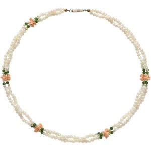 Vintage Double Strand Faux Pearl Necklace Peach Floral Green Bead Barrel Clasp